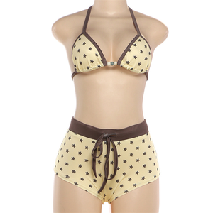 Conjunto de <span class=keywords><strong>2</strong></span> piezas con estampado de estrellas para mujer, top con cordones y decoración de cuentas, pantalones cortos con cordón, trajes de bikini para fiesta en la playa - Product Image 5