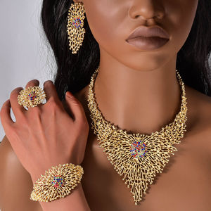 Nouveauté Collier, boucles d'oreilles, bague et bracelet en cuivre plaqué or 14 carats, ensembles de bijoux de mariée pour femmes - Product Image 2