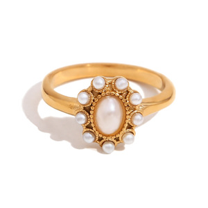 Stainless Steel Vintage Oval Gem Pearl Cluster <b>Ring</b> Retro Elegant <b>Statement</b> Stackable Finger <b>Ring</b> For Women Daily Jewelry - Product Image 2