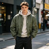 Blouson Bomber MA1 Streetwear Américain de Luxe 480 GSM, Vert Olive, à Capuche Superposée, Coupe Courte et Oversize, Style Aviateur