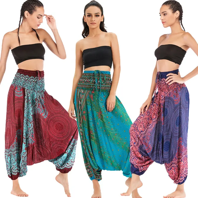 Bayan Hippy Harem pantolon tavuskuşu Baggy tulum kasık dans Bloomers etnik tulum hint çingene pantolon Bohemian kıyafetleri