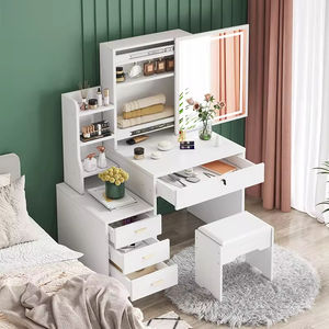 Ensemble complet de coiffeuse avec miroir LED en forme de cœur, table de maquillage avec tiroirs et tabouret, chambre à coucher moderne - Product Image 5