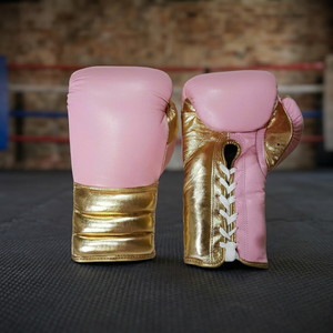 <b>Pink</b> and Gold PU Boxing Gloves Full Finger Lace-Up Wrist Closure Unisex Martial Arts Gear - Product Image 3