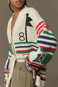 Custom Unisex Oversized Golf Jacquard Cardigan V-Neck Buttoned Heavyweight Ribbed Knitwear Slouchy Sporty <strong>Jumper</strong> - Product Image 3