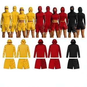 Unisex Camouflage Hooded Tracksuit Set Yellow Red <b>Black</b> Quick Dry Sporty Shorts Drawstring Closure Full Sleeve Summer Activewear - Product Image 4