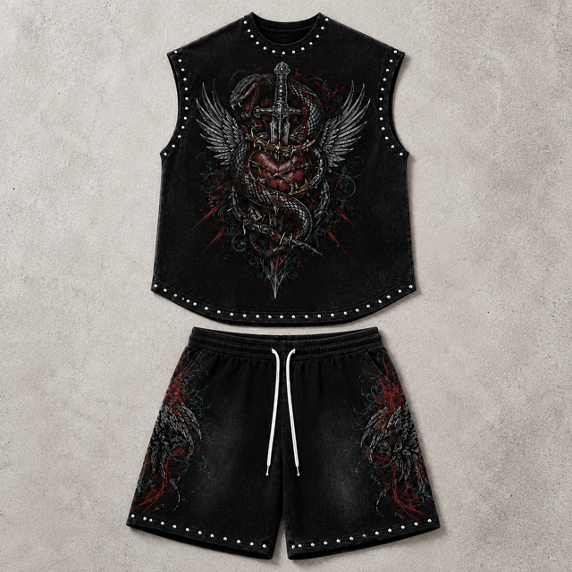 Custom Digital Printing Logo Summer tank Top Shorts Tracksuit Streetwear Acid Wash Vintage Graphics Rhinestone Men T-shirt Sets