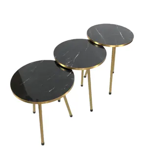 Set Of 3 High Gloss Black Marble Gold Legs Nesting End Tables Coffee Table Set Round Wood Stacking Coffee Side Accent Table With