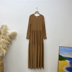6344# New Long Dress Cotton Material Round Neck Pleated Slim Sleeves With Back Zipper With Side Pockets Simple Elegant Dress - Product Image 4