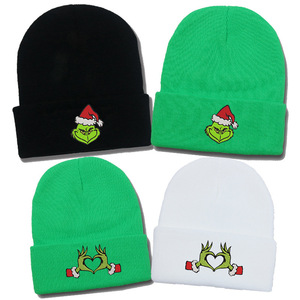 Gorro de punto bordado de <span class=keywords><strong>Grinch</strong></span> transfronterizo, estilo europeo-americano, cálido para otoño-invierno, monstruo de pelo verde, para viaje, 100% - Product Image 1