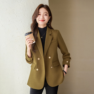 Women's Woolen Blazer Red Double Breasted Solid Color Casual Office Wear - Product Image 2