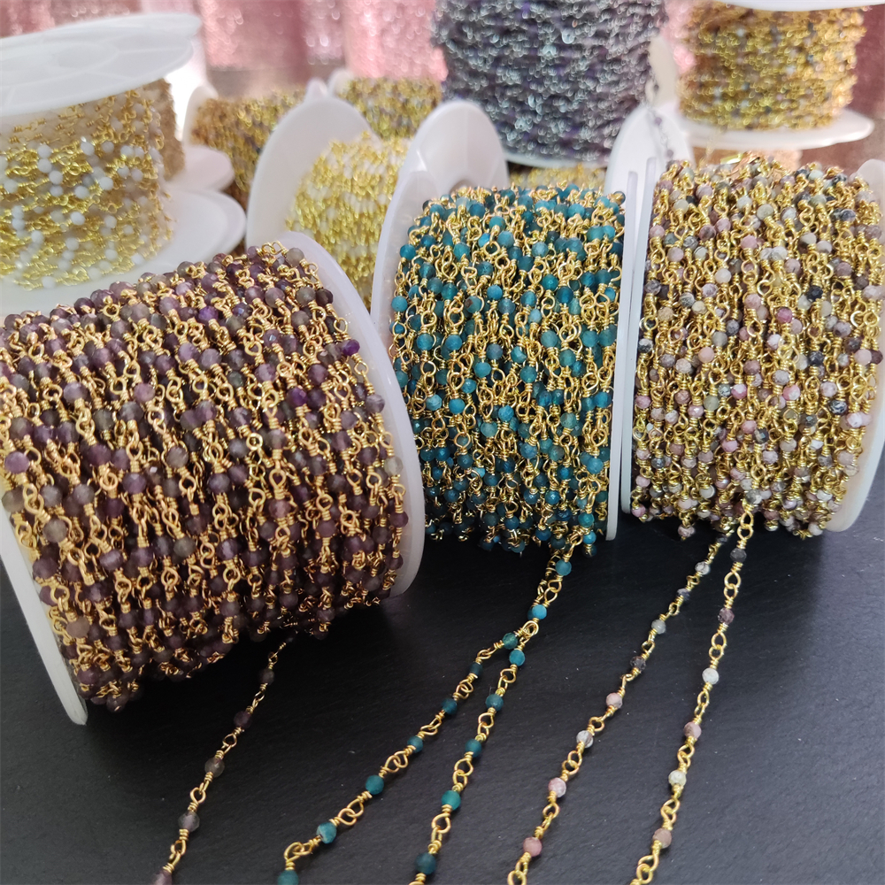 Top Selling Natural Gemstone Beaded Gold Plated Jewelry Making Round Shape Faceted Bead Rosary Chain DIY Necklace Jewelry Making