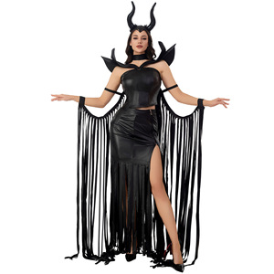 <span class=keywords><strong>Disfraz</strong></span> de Maléfica para <span class=keywords><strong>Mujer</strong></span>, Traje de Cuero Negro con Capa de Borlas y Diadema con Cuernos - Product Image 5