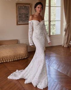 S3658L Nouvelle robe de mariée sirène élégante à la mode, à épaules dénudées, taille cintrée, dentelle brillante, motif brodé, douce brise, queue courte - Product Image 2
