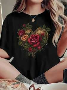 T-shirt Ayo Core da donna con stampa retrò a cuore e rose, a maniche corte, vestibilità ampia, girocollo in jersey di cotone, primavera estate - Product Image 3