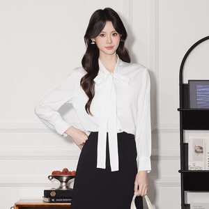 Red V-Neck Long Sleeve Tie Front Shirt For Office Women Solid Color Polyester Blouse Q6266 - Product Image 3