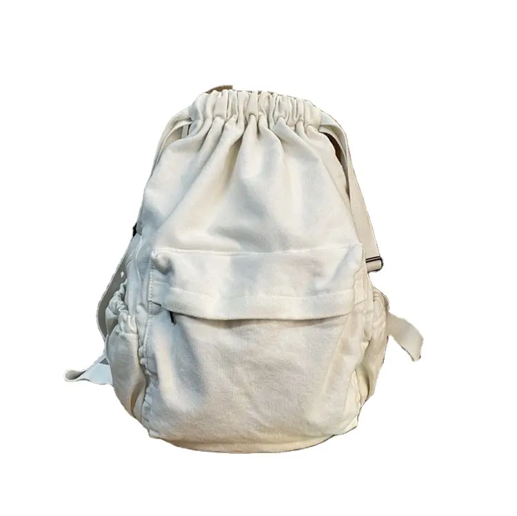 Sac à cordon à l'extérieur de la poche zippée sac d'école en toile à la mode style décontracté simple grande capacité sac à dos à cordon