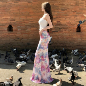 Falda Midi de Malla con Estampado Floral para Mujer, Estilo Línea A, para Verano, Playa, Vacaciones, Informal y a la Moda - Product Image 3