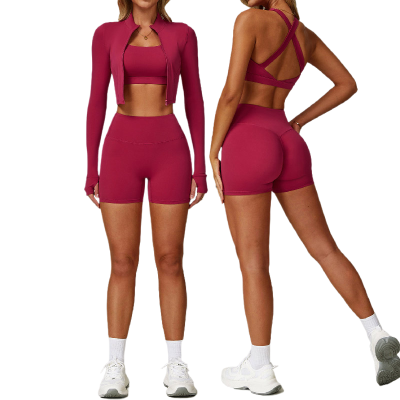 Wholesale TK Sports Suit for Women Nude Gym Quick-Drying Zipper Bra and Leggings Long-Sleeved Solid Pattern Yoga 3pc Set