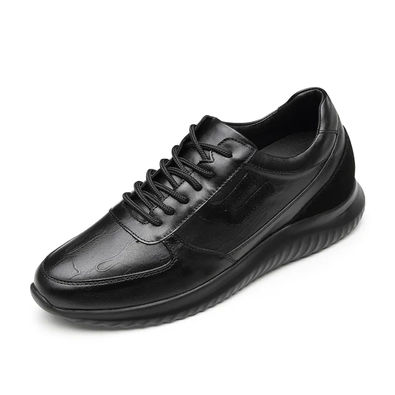 スニーカーメーカーLatest Sport Breathable Leather Flat Sneakers Black Casual Shoes Men高さの増加の靴