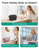 Sac de maquillage de voyage pour femmes, en polyester rembourré, fermeture éclair, pliable, résistant à l'eau, organiseur de maquillage portable