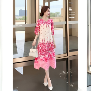 Abito Midi Elegante <span class=keywords><strong>da</strong></span> Donna con Scollo a V e Pieghe, Vestibilità Regolare, Stampa Floreale, Ecologico, Antipiega, Casual 2026 - Ingrosso Fabbrica - Product Image 2