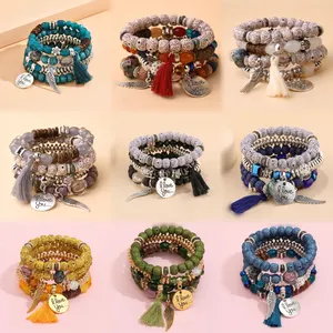 Модный Многослойный Бирюзовый браслет в стиле бохо с кристаллами, бусинами, браслет в стиле бохо, 4 предмета, Комплект высококачественных этнических браслетов с кисточками