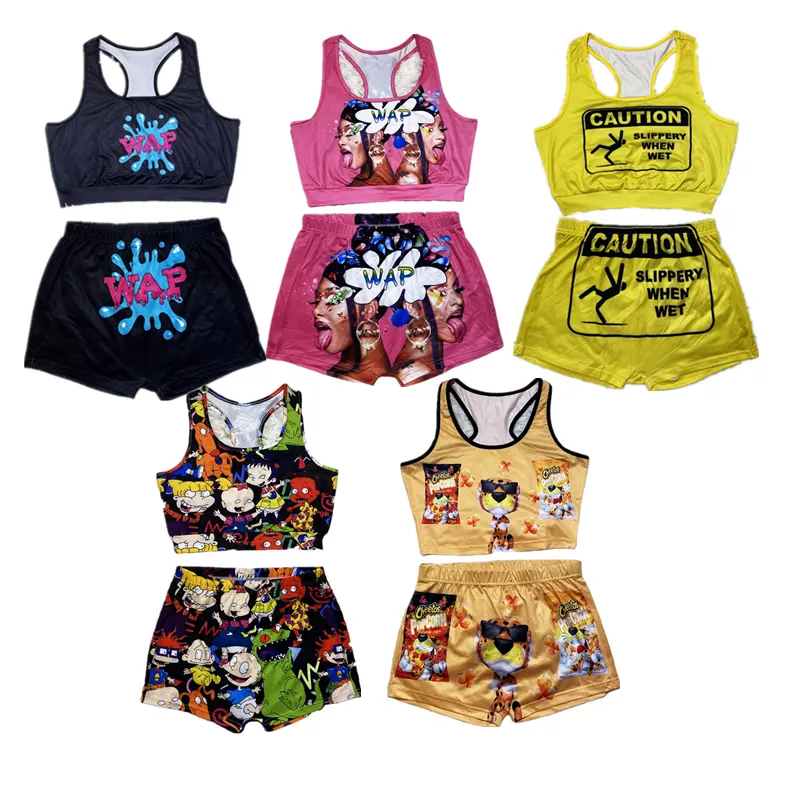 2023 Summer two piece shorts set biker shorts sets 2 piece printed gym yoga snack shorts set for women