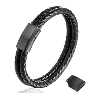 Homem pulseira de aço inoxidável personalizado pulseira trançada pulseira de couro preto para homens com escovado fechamento adaptador ajustável