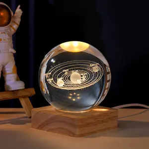Wooden Bottom Galaxi Star Bedside KIDS USB Luminous Lights 3D Glass Crystal Ball LED Moon Lamp