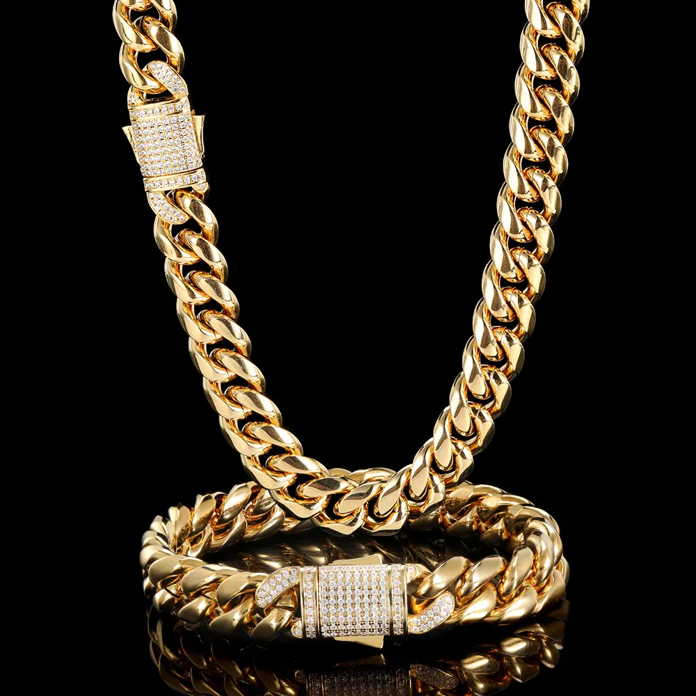 Kalung rantai Kuba berlapis emas 18k pria, perhiasan Hip Hop 10/12mm Chunky baja tahan karat
