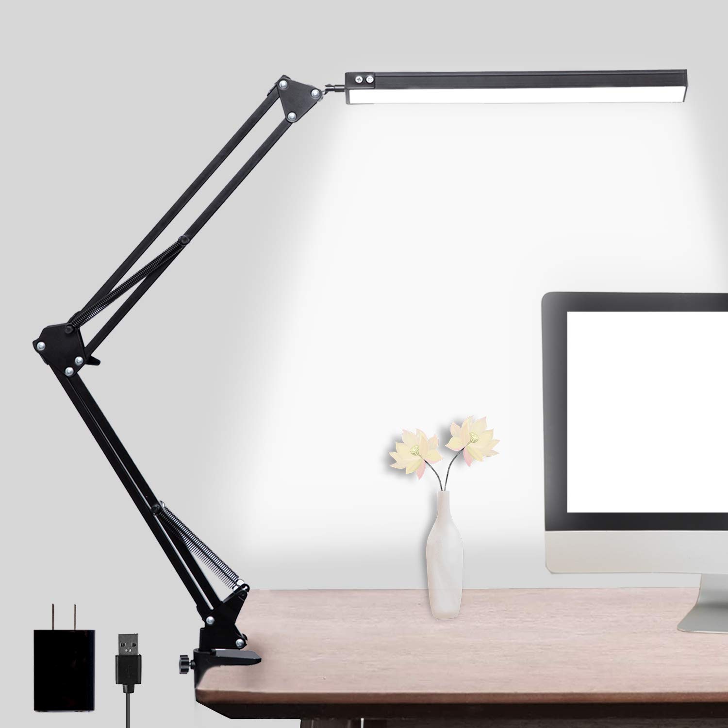 Lampe de bureau à LED Lampe à bras oscillant réglable avec pince Lampe de lecture pour les yeux 3 modes d'éclairage avec adaptateur pour bureau à domicile