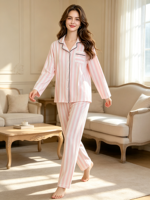 Pyjama de luxe pour femme en coton à manches longues et col rabattu, à rayures verticales, respirant et doux, tenue décontractée et confortable