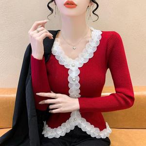 Весенне-осенний новый женский вязаный кардиган с V-образным вырезом, кружевными вставками и длинными рукавами, приталенный крой - Product Image 4