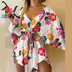 Nuevo Estilo Vestido de Fiesta Irregular con Estampado Floral de Verano, Manga 3/4, Elegante y Sexy para Mujer, Cuello en V, Holgado, con Cordones y Cinturón - Product Image 4