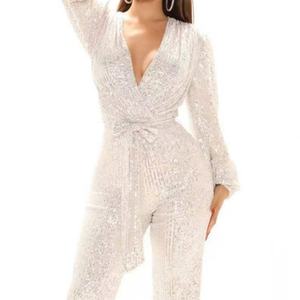 Combinaison sexy de soirée haut de gamme pour femme, à sequins, col en V profond, manches longues - Product Image 2