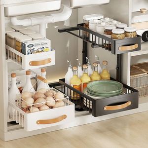 2 Tier <b>Kitchen</b> Sliding <b>Basket</b> <b>Pull</b> <b>Out</b> Organizer Pantry Dish Spice Rack Under Sink Drawer Storage Cabinet Organizer for Cabinet - Product Image 2