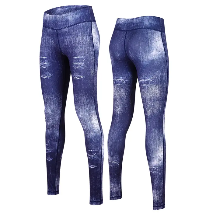 woman Printed yoga pants faux denim jean look fashion pattern custom design compression tights sublimated yoga leggings