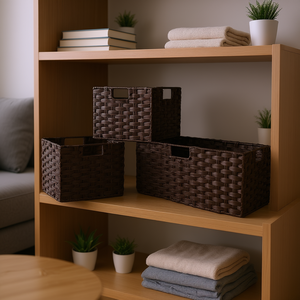 Set di 3 Cesti Pieghevoli in Fibra Intrecciata Melanie, Colore Cioccolato, Organizzatore Rettangolare per Soggiorno, Design Moderno - Product Image 2