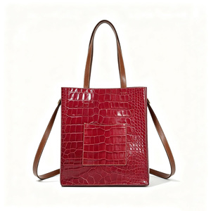 Bolso de Hombro Clásico para Mujer, Color Borgoña, con Estampado de Cocodrilo, Correa Marrón, Bolsillo Frontal, Tipo Shopper - Product Image 2