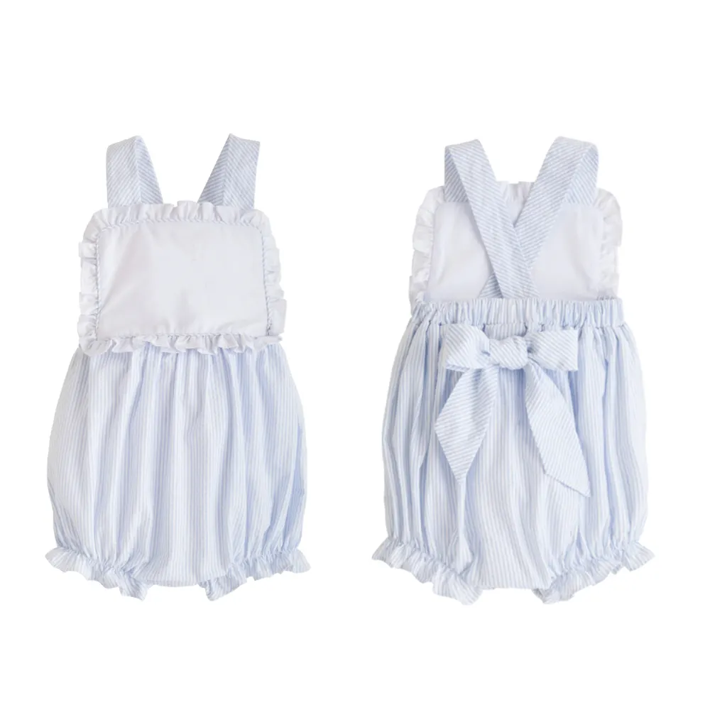 Gepersonaliseerde Meisje Bubble Baby Peuter Streep Seersucker Katoenen Ruche Sunsuit Baby Kleding Outfit Voor Zomer