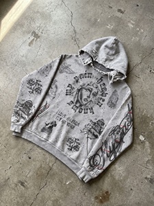 Sudadera con capucha de algodón pesado para hombre, estilo urbano, gris, con lavado ácido, efecto desgastado por el sol, cuello rasgado y gráfico de retrato religioso - Product Image 2