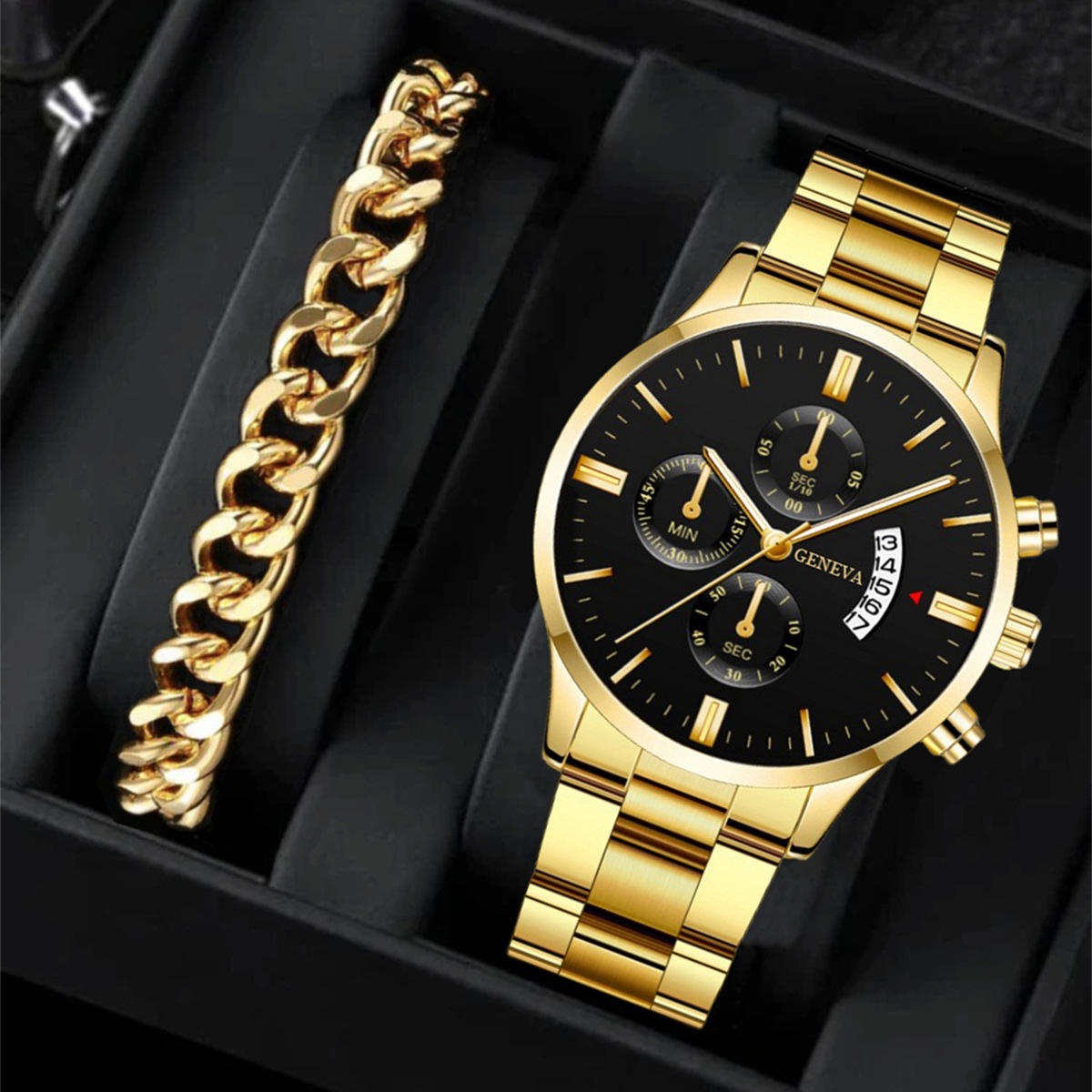 Wholesale Alloy Fashion Stainless Steel Quartz Watch Bracelet Set Classic  Boy Black Geneva Watches for Men