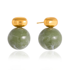 Stud <b>Earrings</b> Ball Shape Resin Green With Gold <b>Top</b> Geometric Design For Women Fashion Jewelry - Product Image 5
