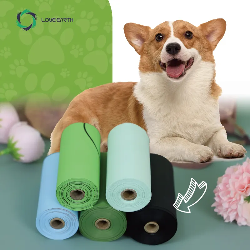 Venta caliente eco amigable fábrica logotipo personalizado impreso biodegradable bolsas de basura para perros al por mayor bolsa de caca de perro