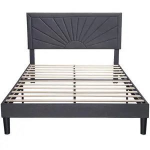 Queen Size Fabric Upholstered Platform Bed Frame with Headboard and Wooden Slats