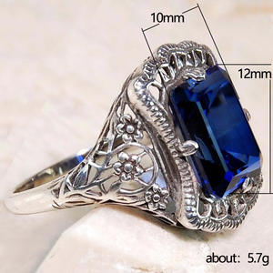 Anillo de Cóctel F1105, Plata 925, Corte Esmeralda, Piedra Azul, Engaste con Bisel, Diseño Floral para Mujer, Joyería para Fiestas - Product Image 5