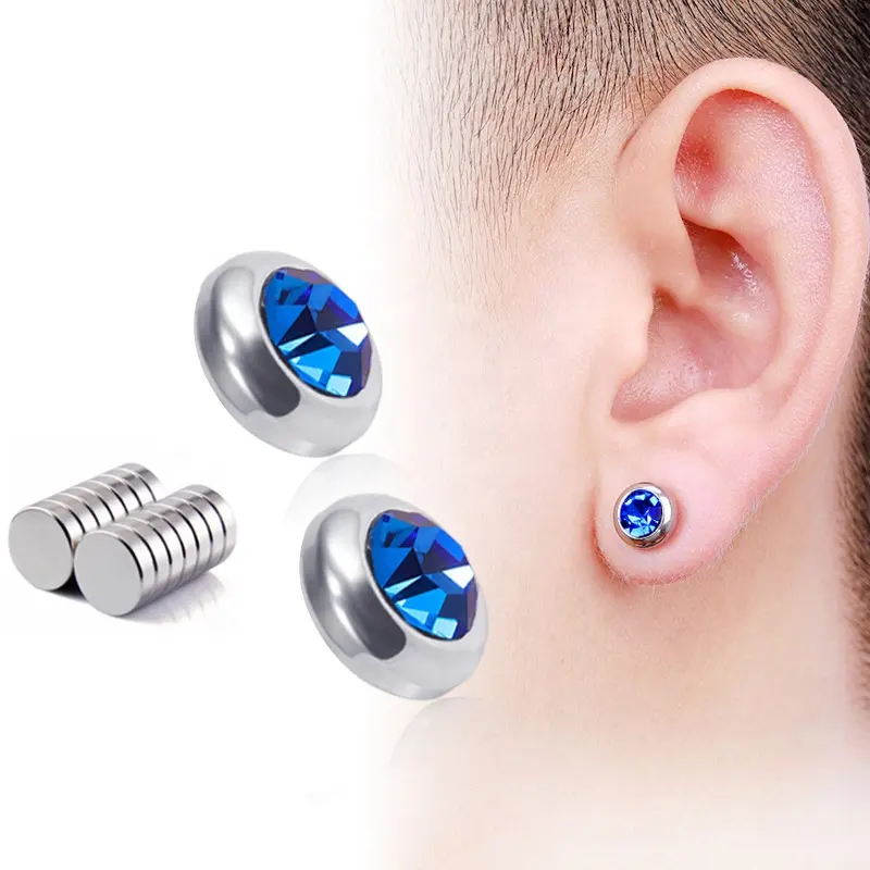 Unisex colour crystal stainless steel round magnet super magnetic earrings studs for men women jewelry no ear hole