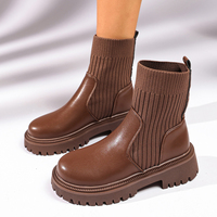 Bottines à chaussettes pour femme en cuir PU, à bout rond, à plateforme épaisse, avec revers tricoté, à enfiler, pour l'hiver, Noir Marron