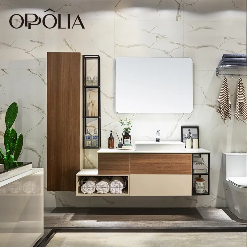 Oppolia recomenda moderno grão de madeira cor do banheiro vanity com espelho banheiro armário para casa e projeto