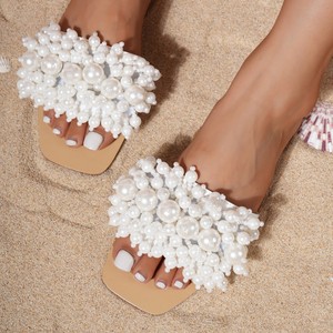 <span class=keywords><strong>Sandali</strong></span> Estivi da Spiaggia Personalizzati all'Ingrosso, Scarpe Casual da <span class=keywords><strong>Donna</strong></span> con Perle <span class=keywords><strong>Bianche</strong></span>, <span class=keywords><strong>Sandali</strong></span> di Lusso Piatti - Product Image 1